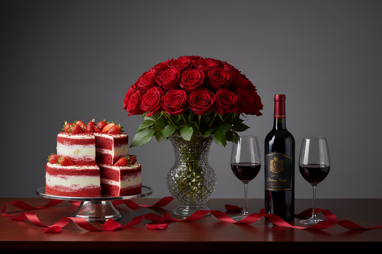 RED SET - ROSES, CAKE & RED WINE