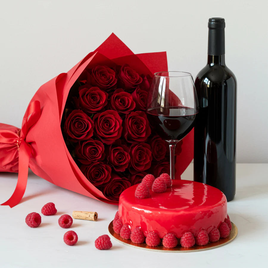 RED SET - ROSES, CAKE & RED WINE