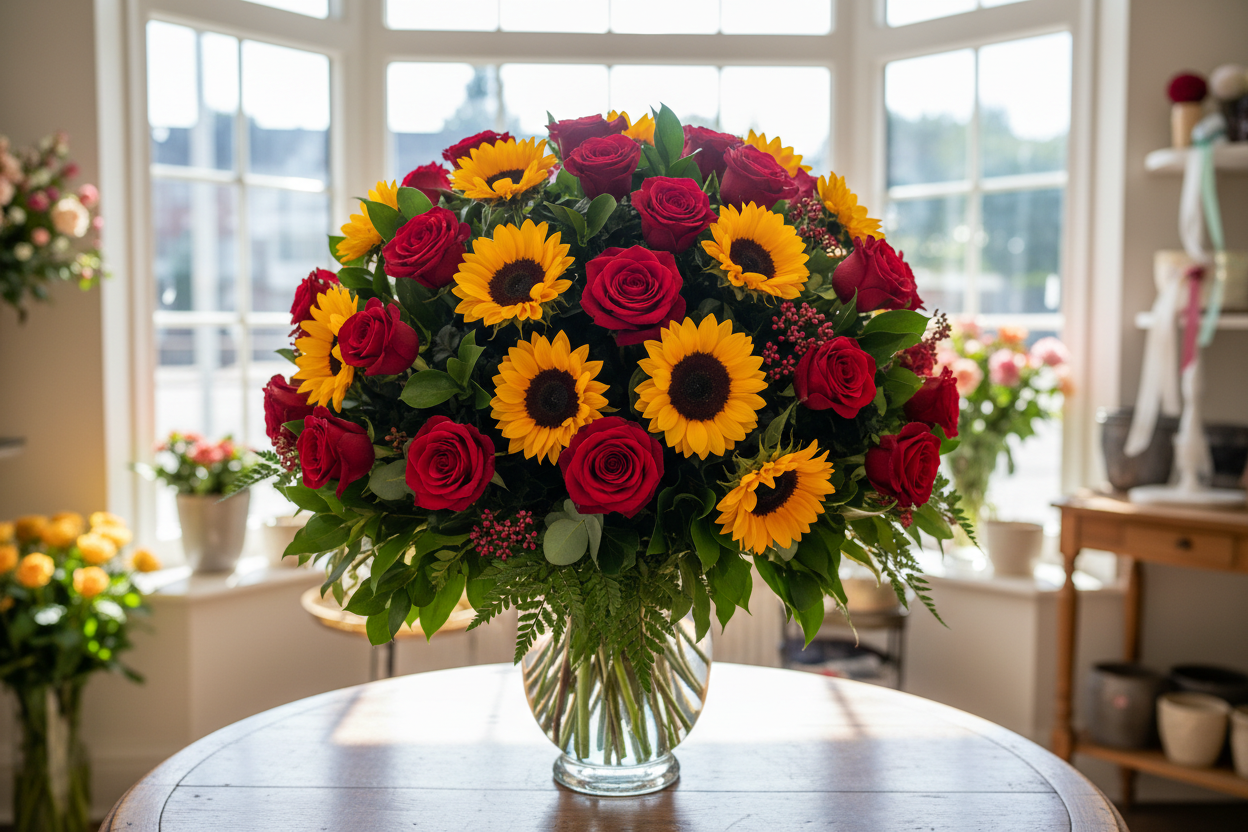 MAXI BOUQUET RED ROSES AND SUNFLOWERS